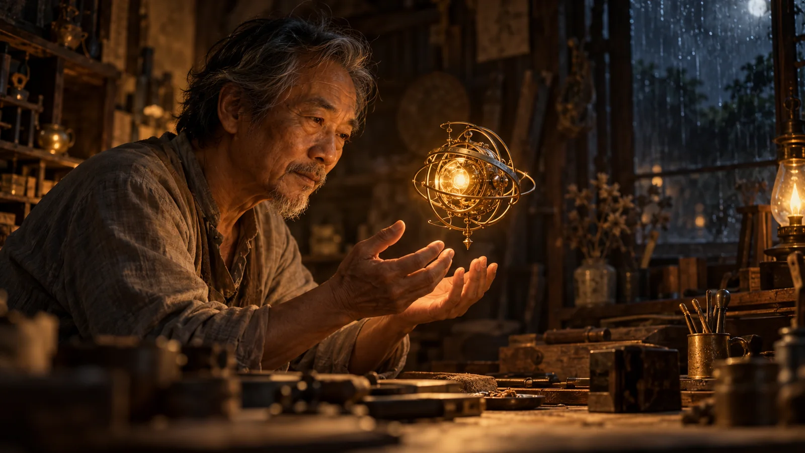 An older artisan examines a glowing mechanical orb floating above his hands in a warm workshop.