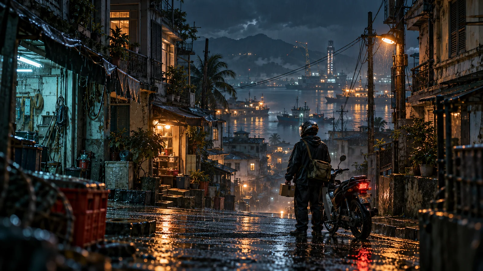 A night courier beside a motorcycle on a rain-soaked street overlooking a coastal city.